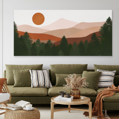 Quadro Boho Chic Illustrazione Paesaggio Paesaggio Montuoso Con Sole E Foresta bol30 quadro stampato su tela