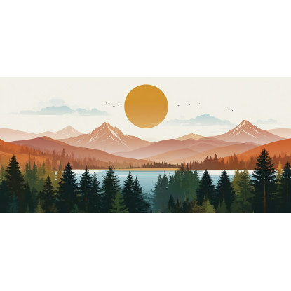 Quadro Boho Chic Illustrazione Paesaggio Montagne Con Alberi Sole Splendente bol32 quadro stampato su tela