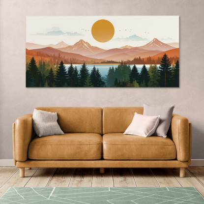 Quadro Boho Chic Illustrazione Paesaggio Montagne Con Alberi Sole Splendente bol32 quadro stampato su tela