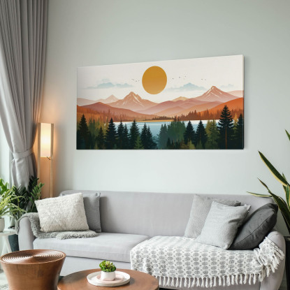 Quadro Boho Chic Illustrazione Paesaggio Montagne Con Alberi Sole Splendente bol32 quadro stampato su tela