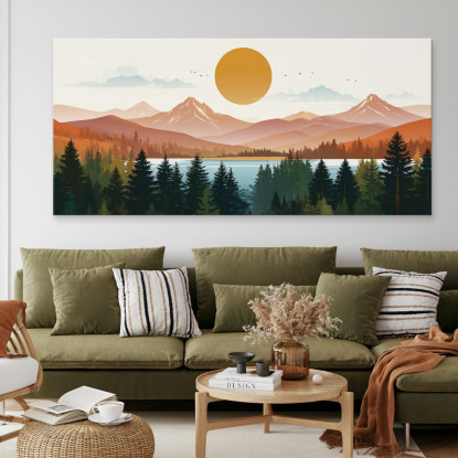 Quadro Boho Chic Illustrazione Paesaggio Montagne Con Alberi Sole Splendente bol32 quadro stampato su tela