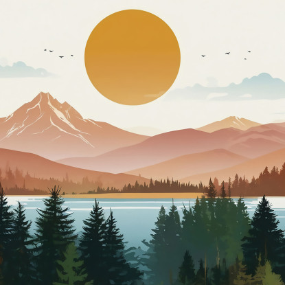 Quadro Boho Chic Illustrazione Paesaggio Montagne Con Alberi Sole Splendente bol32 quadro stampato su tela