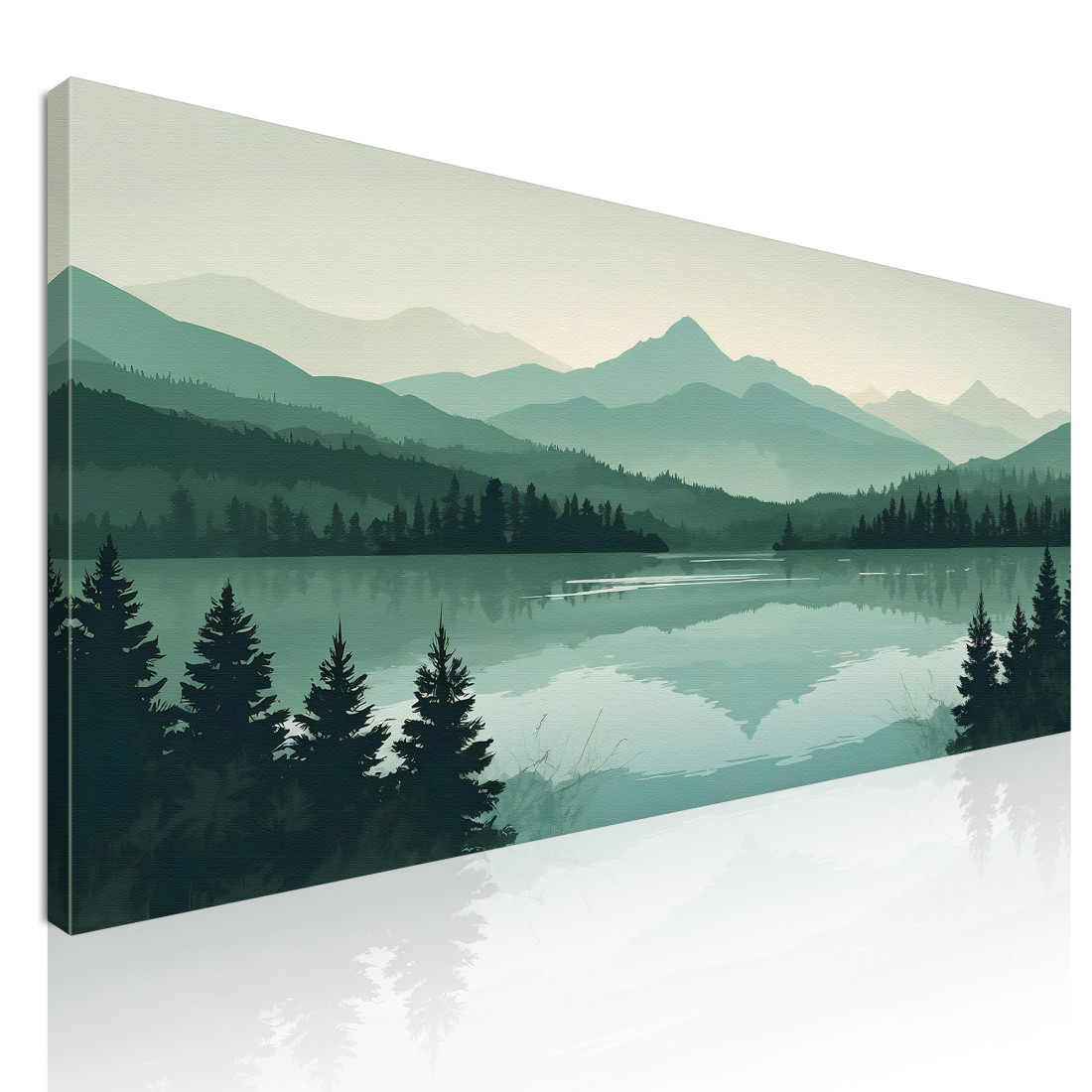 Quadro Boho Chic Illustrazione Paesaggio Montagne Verdi Con Lago E Foresta Al Tramonto bol33 quadro stampato su tela
