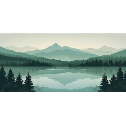 Quadro Boho Chic Illustrazione Paesaggio Montagne Verdi Con Lago E Foresta Al Tramonto bol33 quadro stampato su tela