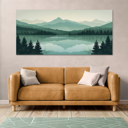 Quadro Boho Chic Illustrazione Paesaggio Montagne Verdi Con Lago E Foresta Al Tramonto bol33 quadro stampato su tela