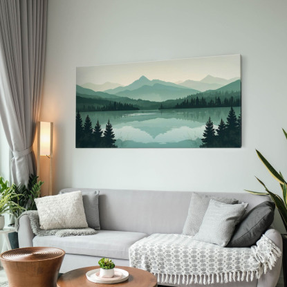 Quadro Boho Chic Illustrazione Paesaggio Montagne Verdi Con Lago E Foresta Al Tramonto bol33 quadro stampato su tela
