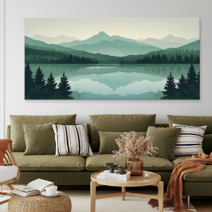 Quadro Boho Chic Illustrazione Paesaggio Montagne Verdi Con Lago E Foresta Al Tramonto bol33 quadro stampato su tela