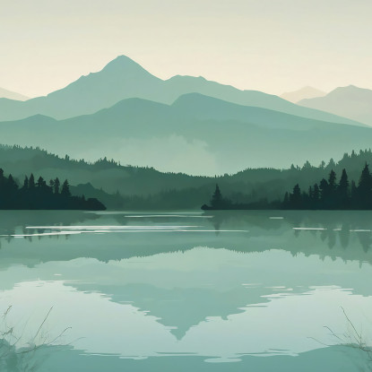 Quadro Boho Chic Illustrazione Paesaggio Montagne Verdi Con Lago E Foresta Al Tramonto bol33 quadro stampato su tela