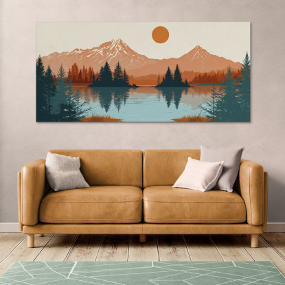 Quadro Boho Chic Illustrazione Paesaggio Montagne Riflesse Nel Lago Al Tramonto bol34 quadro stampato su tela