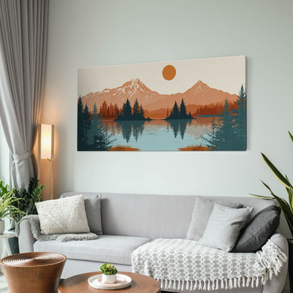 Quadro Boho Chic Illustrazione Paesaggio Montagne Riflesse Nel Lago Al Tramonto bol34 quadro stampato su tela