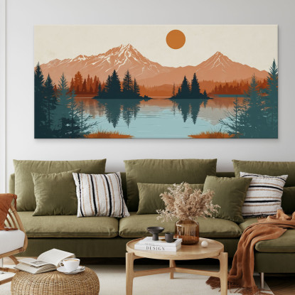Quadro Boho Chic Illustrazione Paesaggio Montagne Riflesse Nel Lago Al Tramonto bol34 quadro stampato su tela