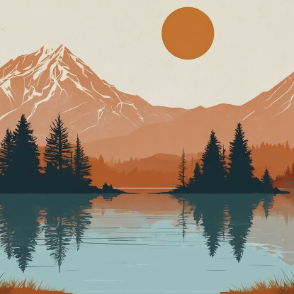 Quadro Boho Chic Illustrazione Paesaggio Montagne Riflesse Nel Lago Al Tramonto bol34 quadro stampato su tela