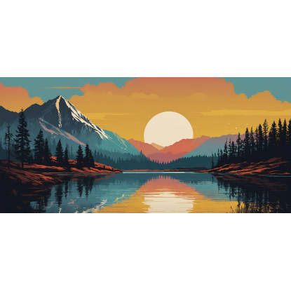 Quadro Boho Chic Illustrazione Paesaggio Montagna Al Tramonto Riflessa Nel Lago bol35 quadro stampato su tela