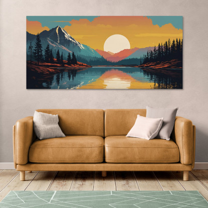 Quadro Boho Chic Illustrazione Paesaggio Montagna Al Tramonto Riflessa Nel Lago bol35 quadro stampato su tela