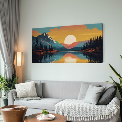 Quadro Boho Chic Illustrazione Paesaggio Montagna Al Tramonto Riflessa Nel Lago bol35 quadro stampato su tela