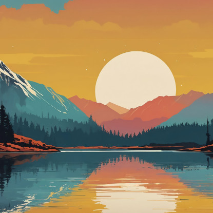 Quadro Boho Chic Illustrazione Paesaggio Montagna Al Tramonto Riflessa Nel Lago bol35 quadro stampato su tela