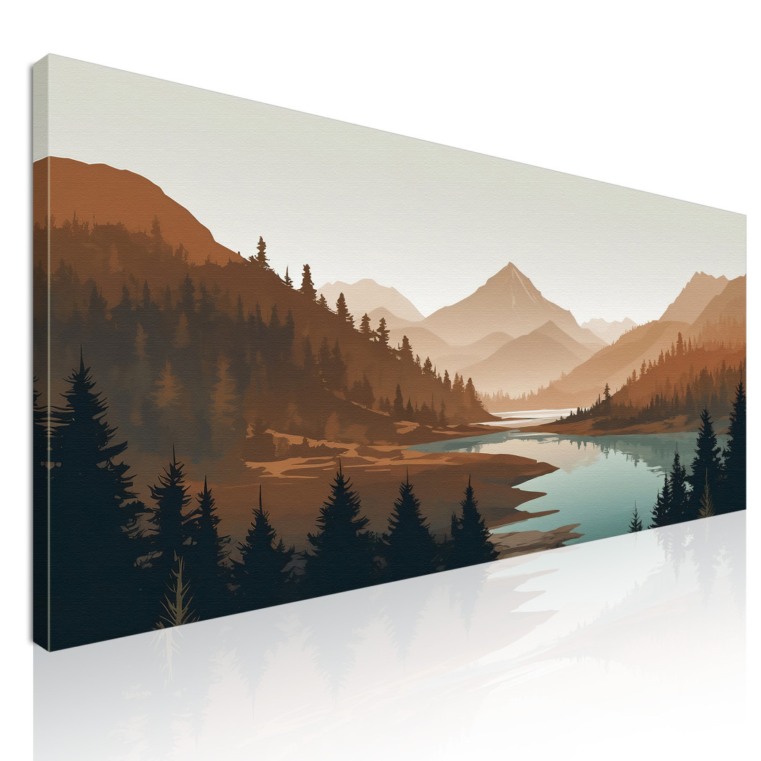 Quadro Boho Chic Illustrazione Paesaggio Tramonto In Valle Montuosa Con Fiume bol37 quadro stampato su tela