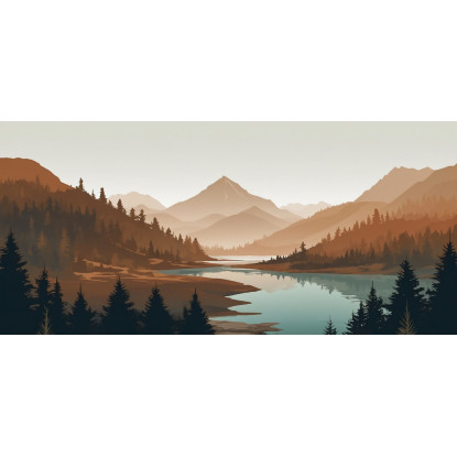 Quadro Boho Chic Illustrazione Paesaggio Tramonto In Valle Montuosa Con Fiume bol37 quadro stampato su tela