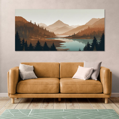 Quadro Boho Chic Illustrazione Paesaggio Tramonto In Valle Montuosa Con Fiume bol37 quadro stampato su tela