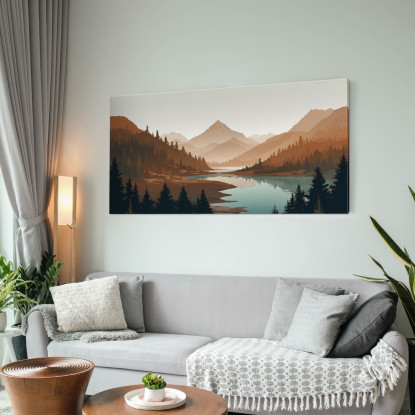 Quadro Boho Chic Illustrazione Paesaggio Tramonto In Valle Montuosa Con Fiume bol37 quadro stampato su tela