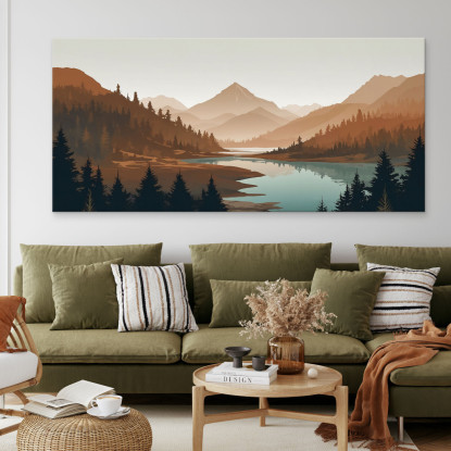 Quadro Boho Chic Illustrazione Paesaggio Tramonto In Valle Montuosa Con Fiume bol37 quadro stampato su tela