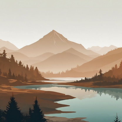 Quadro Boho Chic Illustrazione Paesaggio Tramonto In Valle Montuosa Con Fiume bol37 quadro stampato su tela