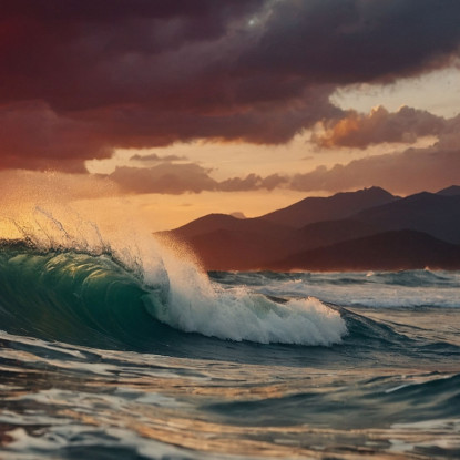 Quadro Paesaggio Mare Onde Al Tramonto E Montagne Maestose seal31 quadro stampato su tela