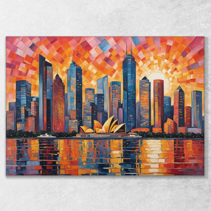 Quadro Moderno Città Astratto Paesaggio Urbano Astratto Al Tramonto Con Teatro Dell'Opera Di Sydney quadro stampato su tela