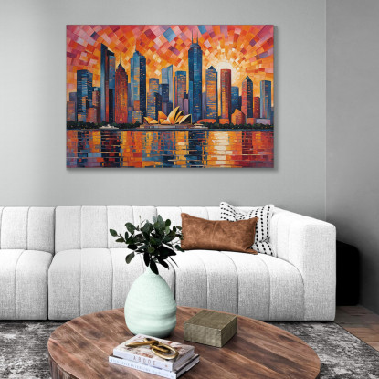 Peinture Moderne Ville Abstraite Paysage Urbain Abstrait Au Coucher Du Soleil Avec L'Opéra De Sydney tableau impression sur toi