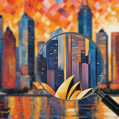 Quadro Moderno Città Astratto Paesaggio Urbano Astratto Al Tramonto Con Teatro Dell'Opera Di Sydney quadro stampato su tela