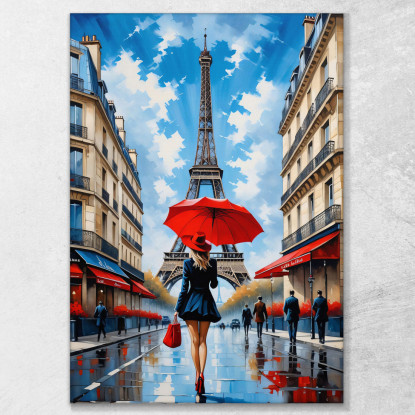 Tableau Moderne Abstrait Ville Chic Femme Au Parapluie Rouge Dans Les Rues De Paris Et Vue Sur La Tour Eiffel tableau impressio