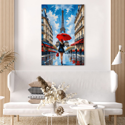 Tableau Moderne Abstrait Ville Chic Femme Au Parapluie Rouge Dans Les Rues De Paris Et Vue Sur La Tour Eiffel tableau impressio