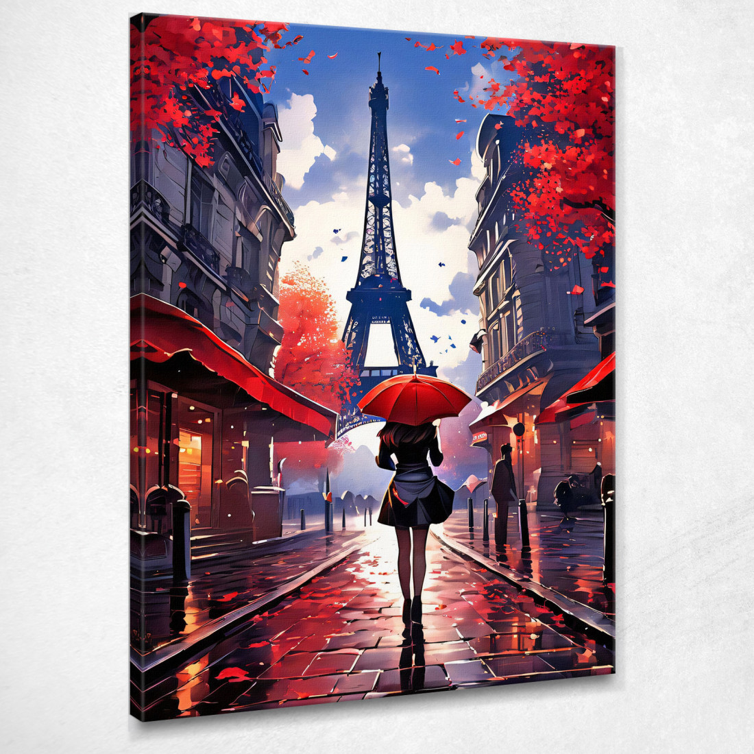 Pintura Moderna Ciudad Abstracta Mujer Con Paraguas Rojo Caminando En París Con Vistas A La Torre Eiffel cuadro en lienzo