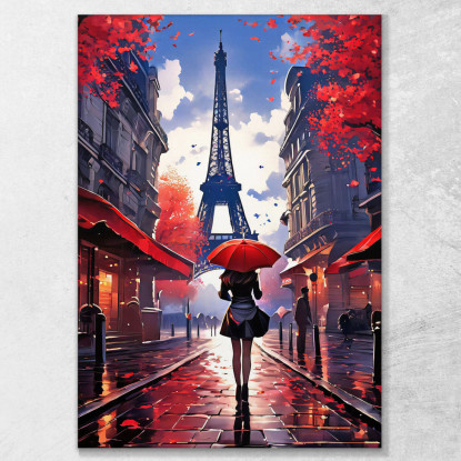 Modern Painting Abstract City Woman With Red Umbrella Walking In Paris With A View Of The Eiffel Tower canvas print
