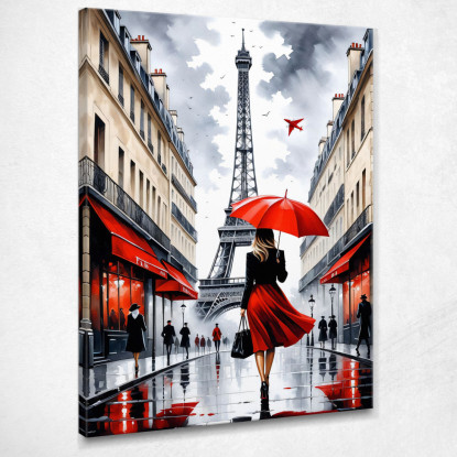 Quadro Moderno Città Astratto Elegante Donna Con Ombrello Rosso Passeggia A Parigi Con Torre Eiffel quadro stampato su tela