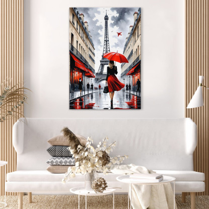 Modern Painting Abstract City Elegant Woman With Red Umbrella Walking In Paris With Eiffel Tower canvas print