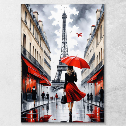 Modern Painting Abstract City Elegant Woman With Red Umbrella Walking In Paris With Eiffel Tower canvas print