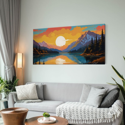 Ilustración De Paisaje De Pintura Boho Chic Montaña Cubierta De Nieve Al Atardecer Reflejada En El Lago Con Árboles cuadro en l