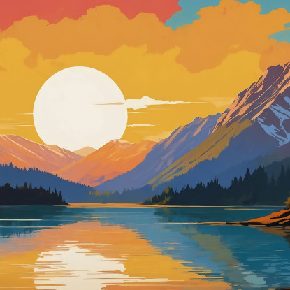 Quadro Boho Chic Illustrazione Paesaggio Montagna Innevata Al Tramonto Riflessa Nel Lago Con Alberi quadro stampato su tela