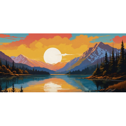 Ilustración De Paisaje De Pintura Boho Chic Montaña Cubierta De Nieve Al Atardecer Reflejada En El Lago Con Árboles cuadro en l