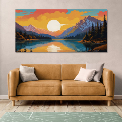 Ilustración De Paisaje De Pintura Boho Chic Montaña Cubierta De Nieve Al Atardecer Reflejada En El Lago Con Árboles cuadro en l