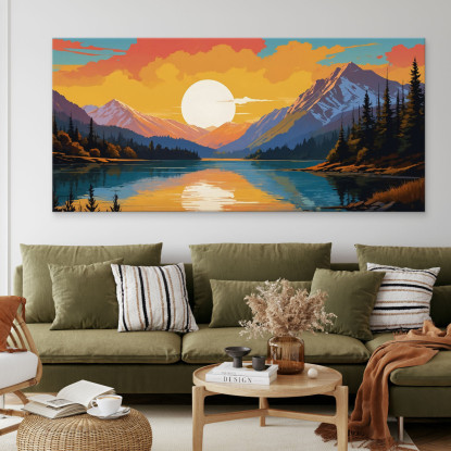 Quadro Boho Chic Illustrazione Paesaggio Montagna Innevata Al Tramonto Riflessa Nel Lago Con Alberi quadro stampato su tela