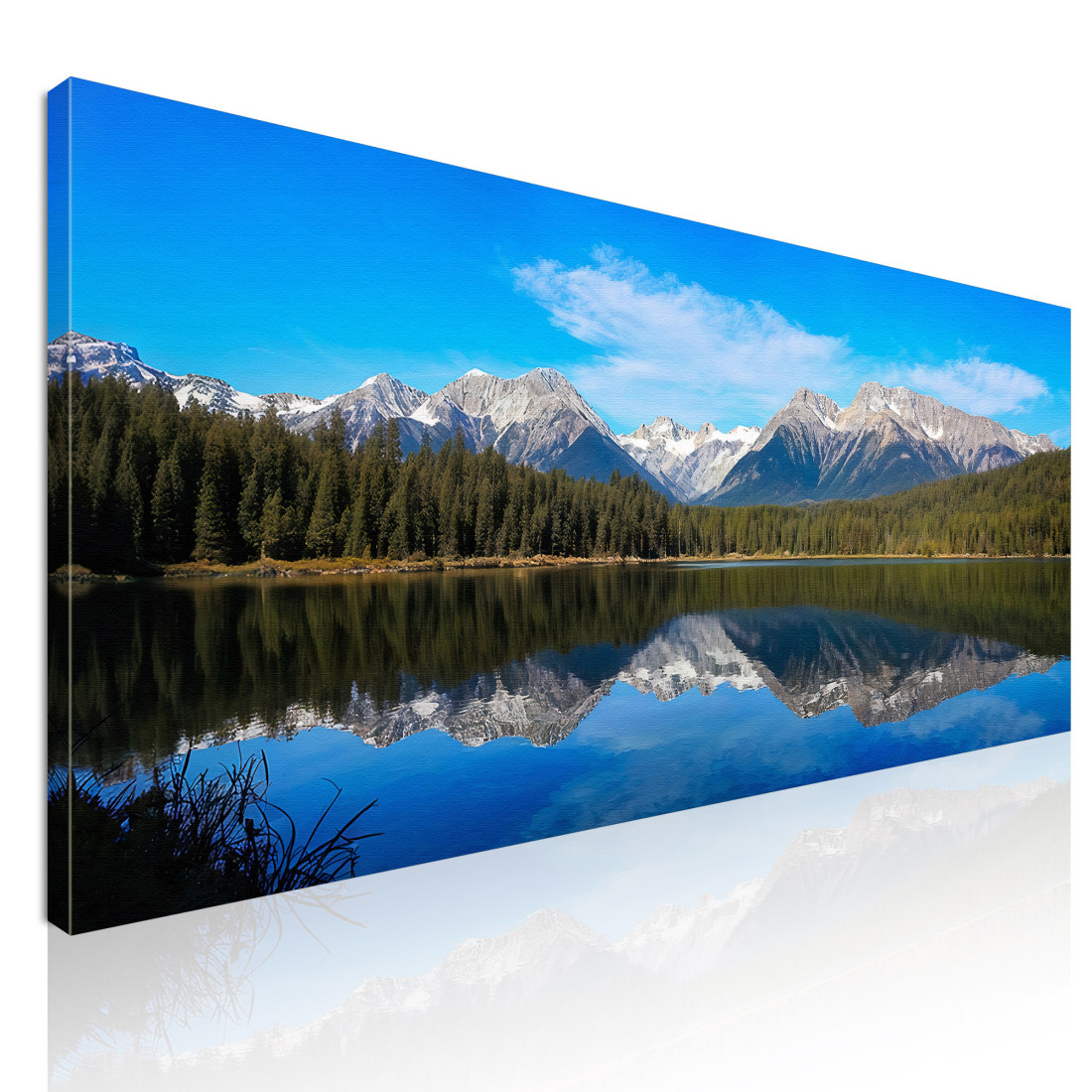 Painting Mountains Serene Mountain Lake With Perfect Reflection Of Snow-Capped Peaks And Pine Forests canvas print