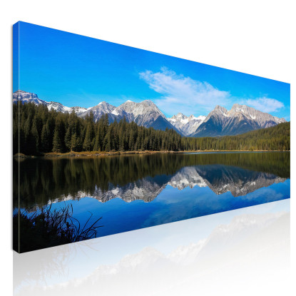 Painting Mountains Serene Mountain Lake With Perfect Reflection Of Snow-Capped Peaks And Pine Forests canvas print