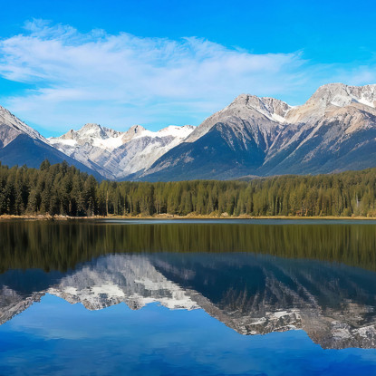 Painting Mountains Serene Mountain Lake With Perfect Reflection Of Snow-Capped Peaks And Pine Forests canvas print
