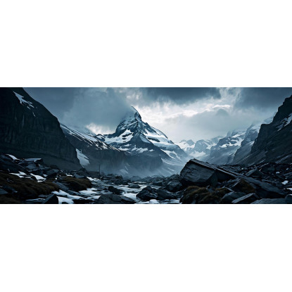 Canvas Print Mountains Snow-Capped Mountain Range With Jagged Peaks In Adverse Weather Conditions canvas print
