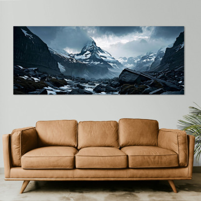 Canvas Print Mountains Snow-Capped Mountain Range With Jagged Peaks In Adverse Weather Conditions canvas print