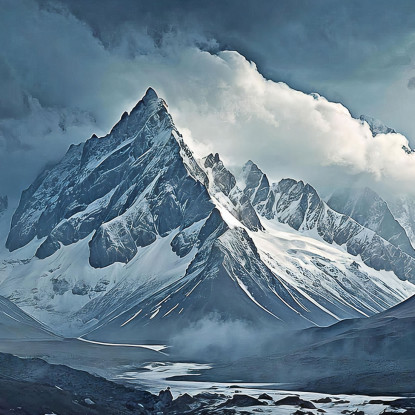 Cuadro En Lienzo Montañas Montañas Cubiertas De Nieve Que Atraviesan La Niebla Con Picos Irregulares Y Estructuras Rocosas Bajo