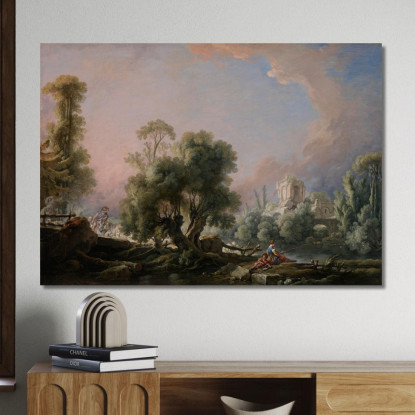 Paesaggio Idilliaco Con Donna Che Pesca François Boucher fbc35 quadro stampato su tela