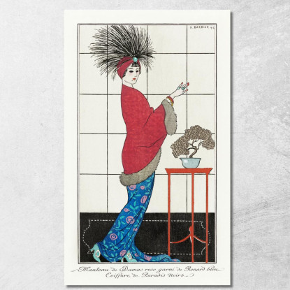 Costumi Parigini N. 35 Cappotto Damasco Rosa Da Journal Des Dames Et Des Modes George Barbier gbb22 quadro stampato su tela